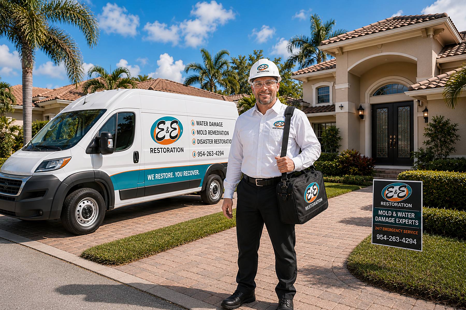 An E&E Restoration technician arriving at a South Florida home with the company van