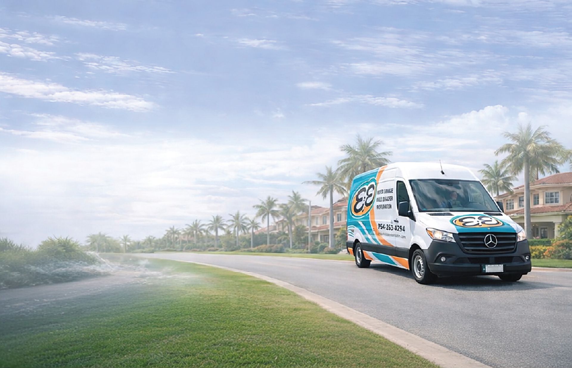 The E&E Restoration van on a palm-lined South Florida street